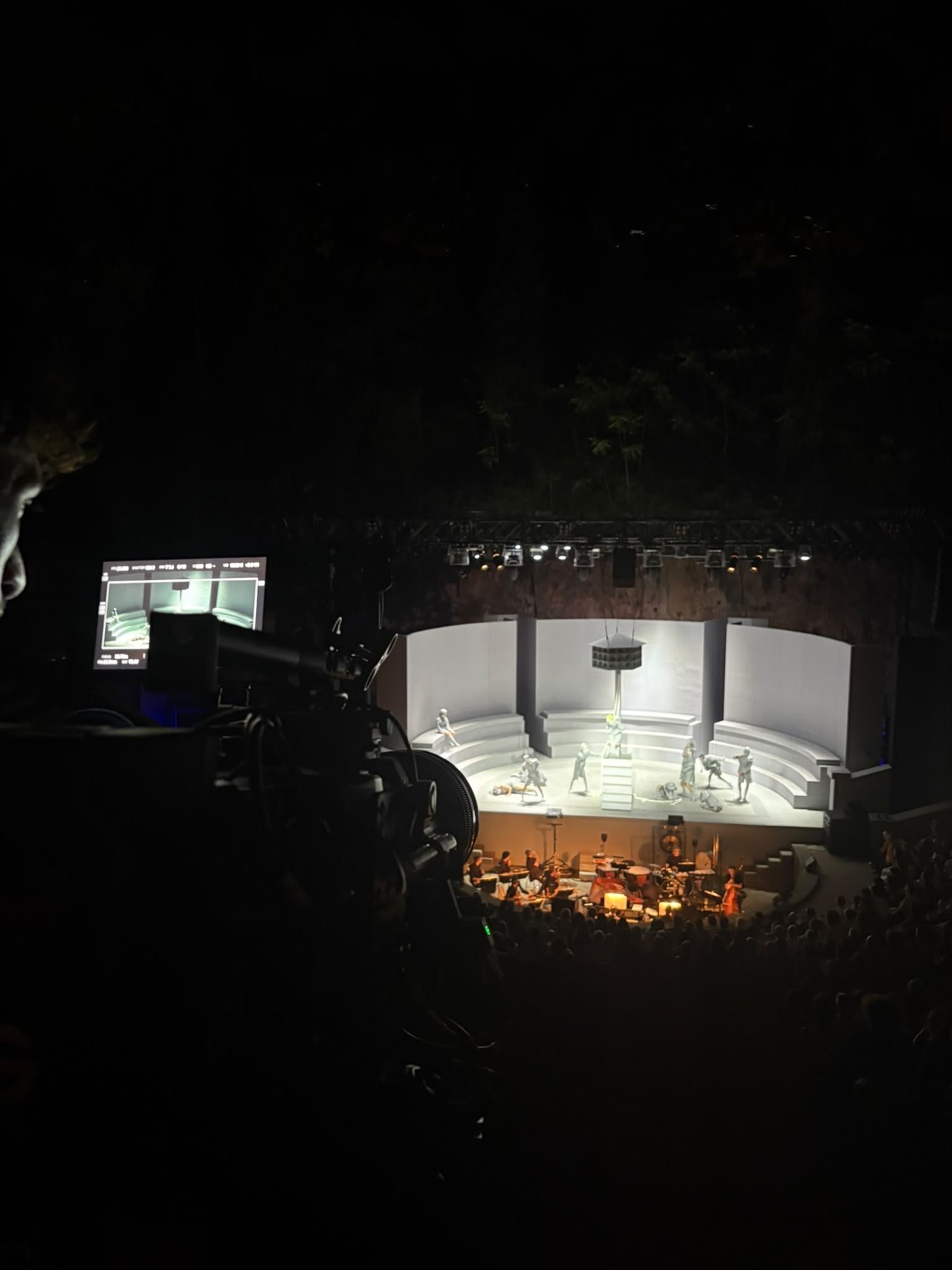 Filming the open-air performance at night from the stands
